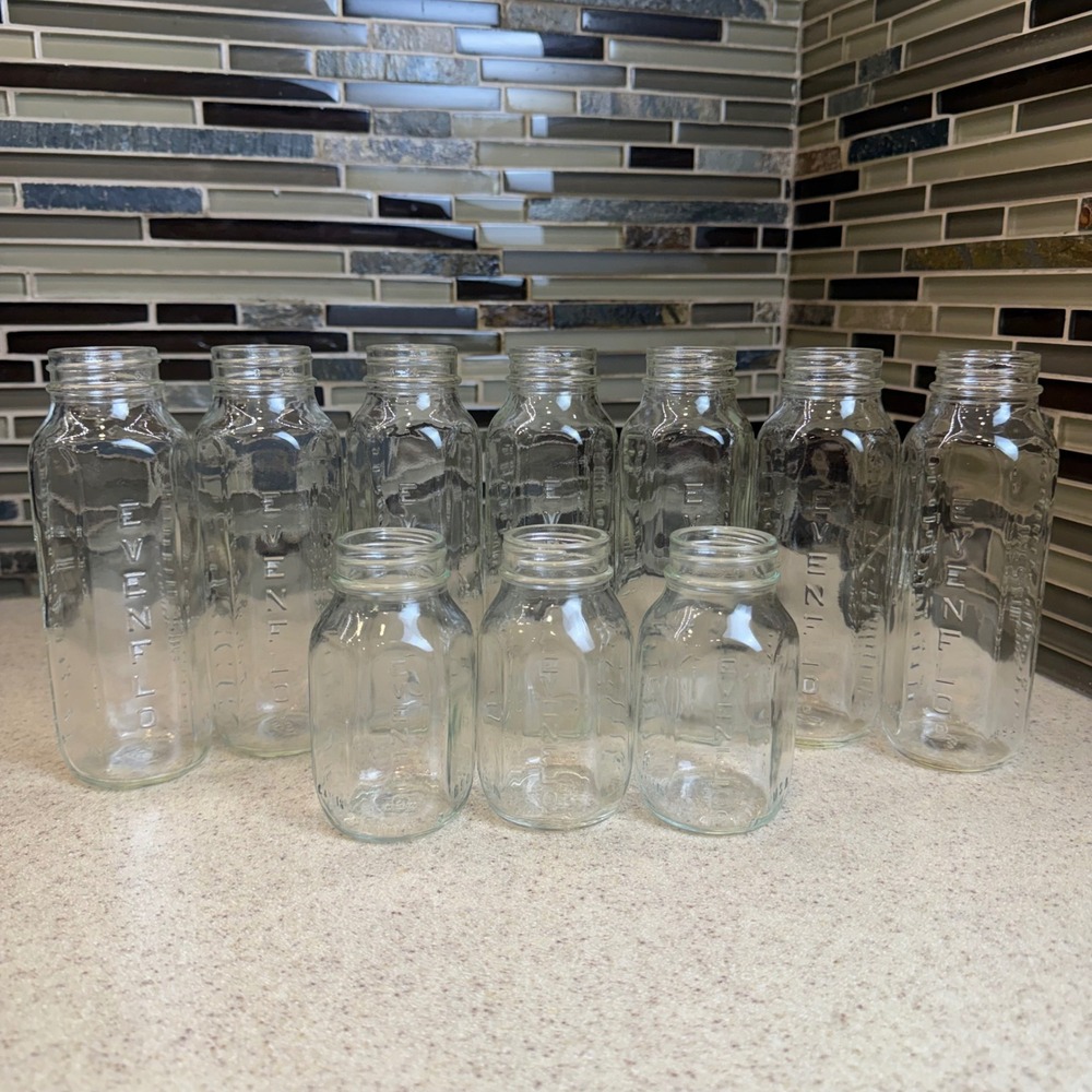 Vintage Evenflo Glass Baby Bottles Lot of 10 Mixed 8oz & 4oz Hexagon No Caps USA